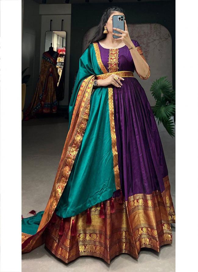 Cotton Wine Traditional Wear Zari Work Readymade Gown With Dupatta